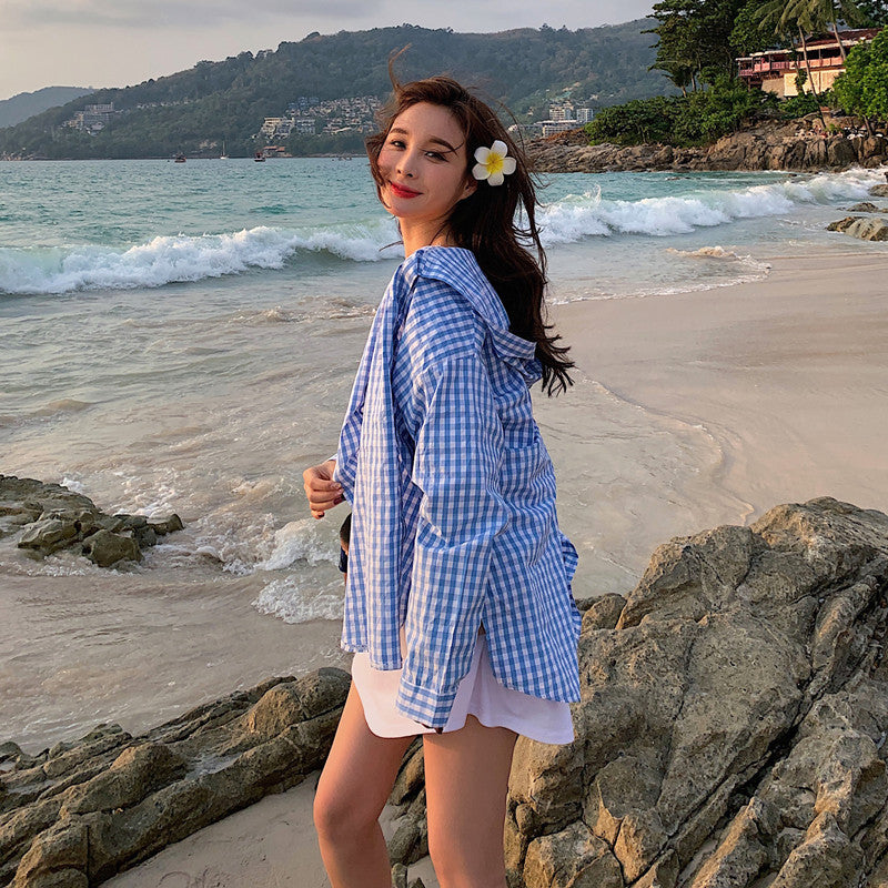 Blouse à carreaux décontractée pour femmes avec capuche Chic & Stil