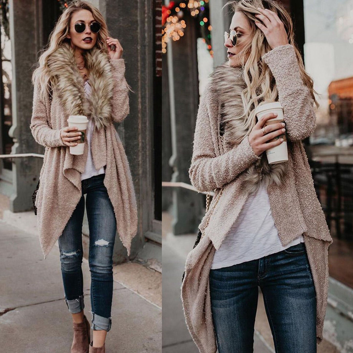 Dames Pull tricoté confortable avec col en fourrure luxueux et coupe asymétrique Chic und Stil