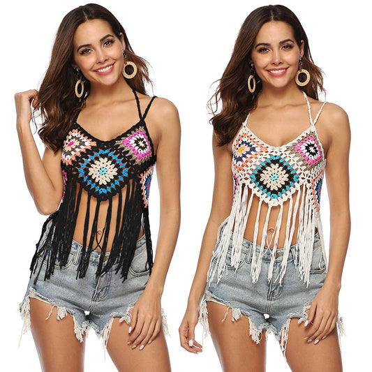 Dames Bohémien Crochette Franges Crop Top Chic und Stil