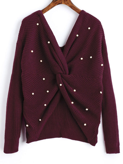 Pull en tricot pour femmes avec un design asymétrique au dos et des éléments ornés de perles Chic und Stil
