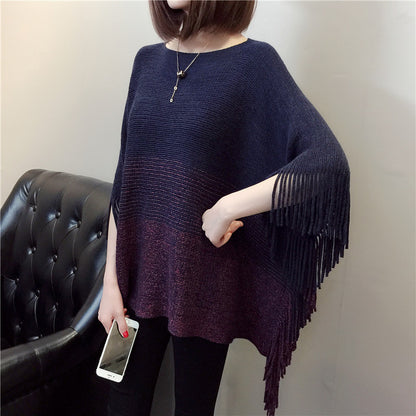 Dame poncho en tricot avec franges et dégradé de couleur tendance Chic und Stil