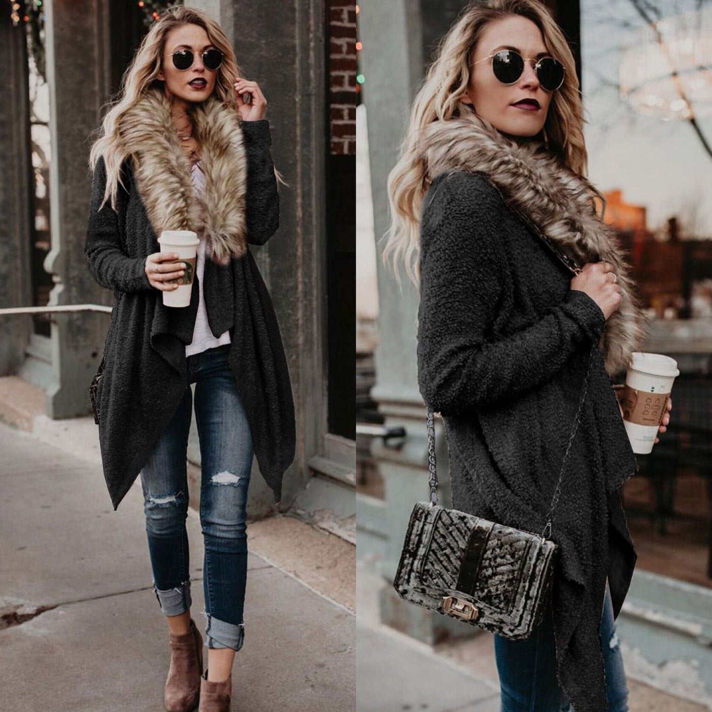 Dames Pull tricoté confortable avec col en fourrure luxueux et coupe asymétrique Chic und Stil