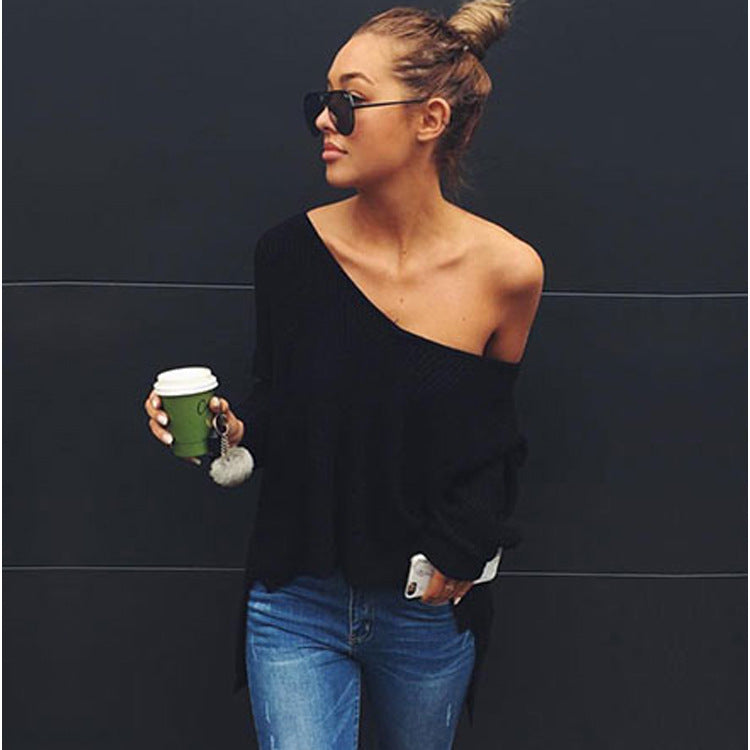 Pull-over oversized décontracté pour femmes avec coupe asymétrique et encolure ronde profonde Chic und Stil