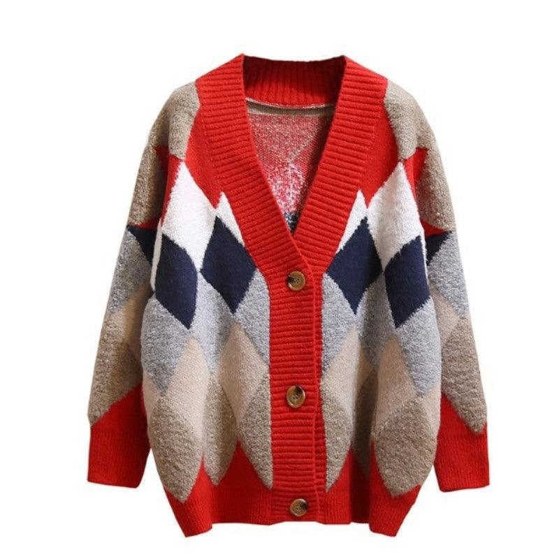 Cardigan en maille épaisse pour femmes avec un motif losange saisissant et un design sans bouton Chic und Still