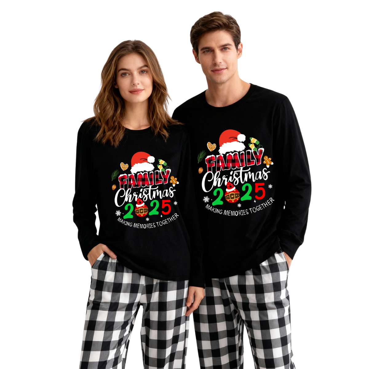 Chic und Stil | Christmas Family 2025 Create memories together Long sleeve black text print T-shirt with black and white checkered pants Matching family pajamas