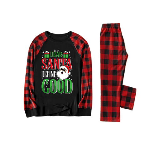 Chic und Stil | "Love Santa Define Good" Slogan Printed Black and Red Scarf Christmas Matching Pajamas
