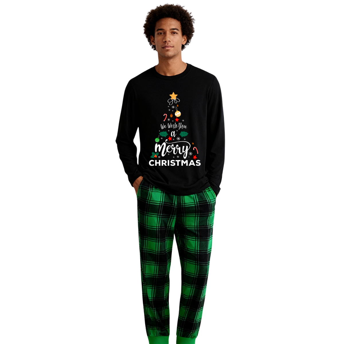 Chic und Stil | "We wish you a Merry Christmas" printed pattern black long-sleeve top with black and green checkered pants family matching pajamas