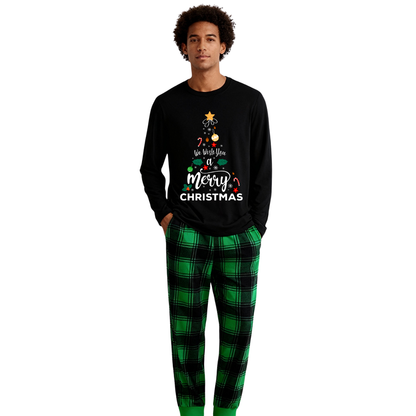 Chic und Stil | "We wish you a Merry Christmas" printed pattern black long-sleeve top with black and green checkered pants family matching pajamas