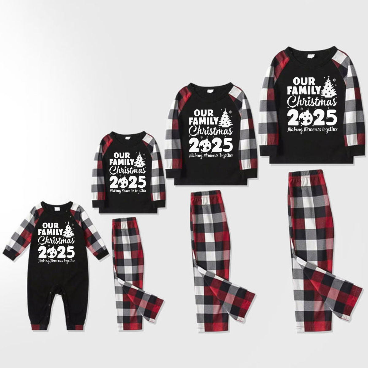 Chic und Stil | Christmas Cute Cartoon Santa Hat Pattern and '2025 FAMILY Christmas' Letter Print Contrast Tops and Red & Black & White Checked Pants Family Matching Pajamas Set with Dog Bandana