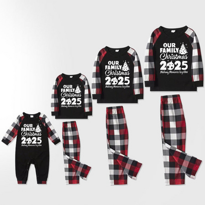Chic und Stil | Christmas Cute Cartoon Santa Hat Pattern and '2025 FAMILY Christmas' Letter Print Contrast Tops and Red & Black & White Checked Pants Family Matching Pajamas Set with Dog Bandana