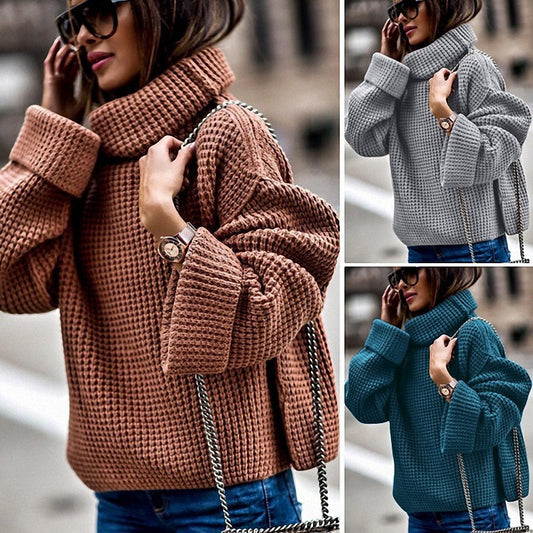 Pull en gros tricot pour femmes avec des manches volumineuses et un col haut Chic und Stil