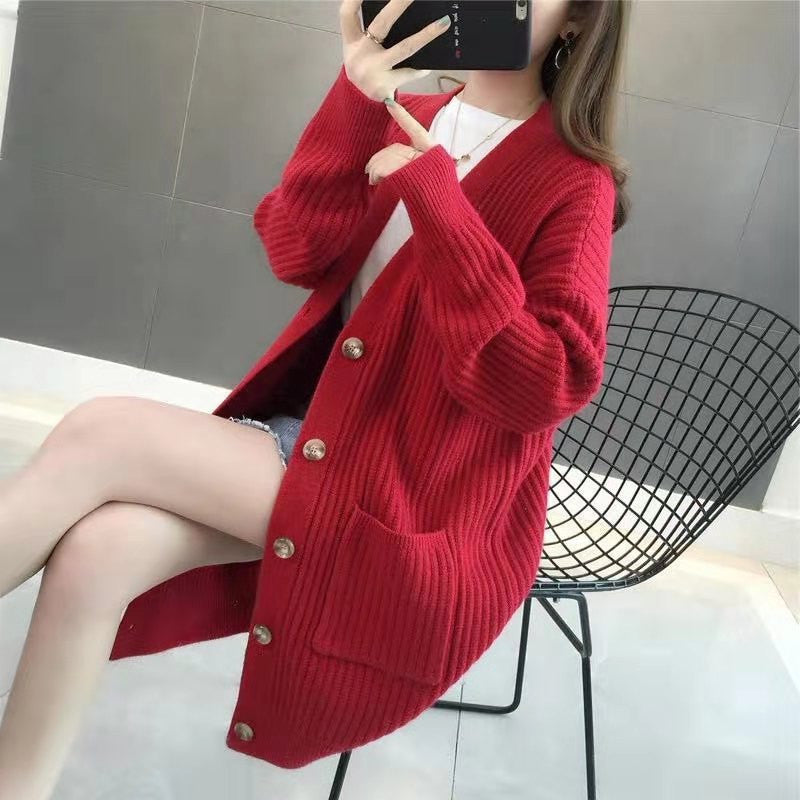 Dames Gros Tricot Cardigan avec décolleté en V profond et élégants détails de boutons Chic und Stil