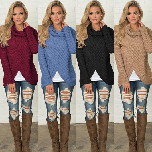 Ladies soft knit pullover with high collar and decorative buttons Chic and Style
