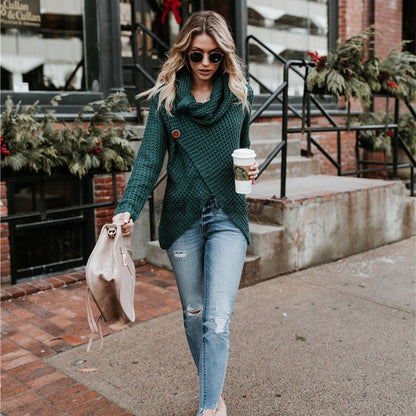 Ladies soft knit pullover with high collar and decorative buttons Chic and Style