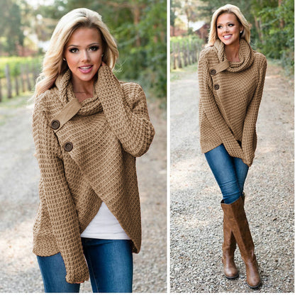 Ladies soft knit pullover with high collar and decorative buttons Chic and Style