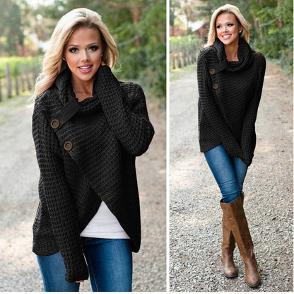 Ladies soft knit pullover with high collar and decorative buttons Chic and Style