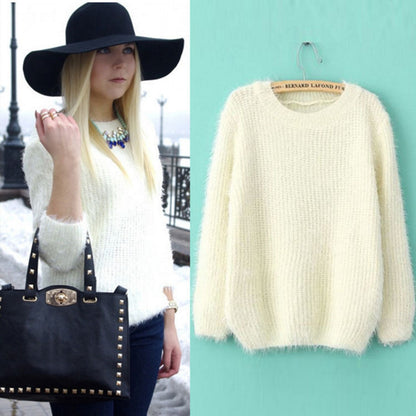 Women's Fluffy Knit Sweater with Chic and Stylish Round Neck