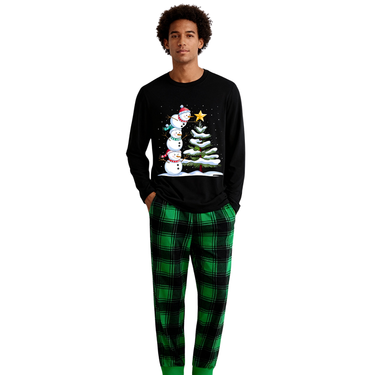 Chic und Stil | Christmas Family Pajama Set - Black Top and Green Checkered Pants with Snowman Comic Print