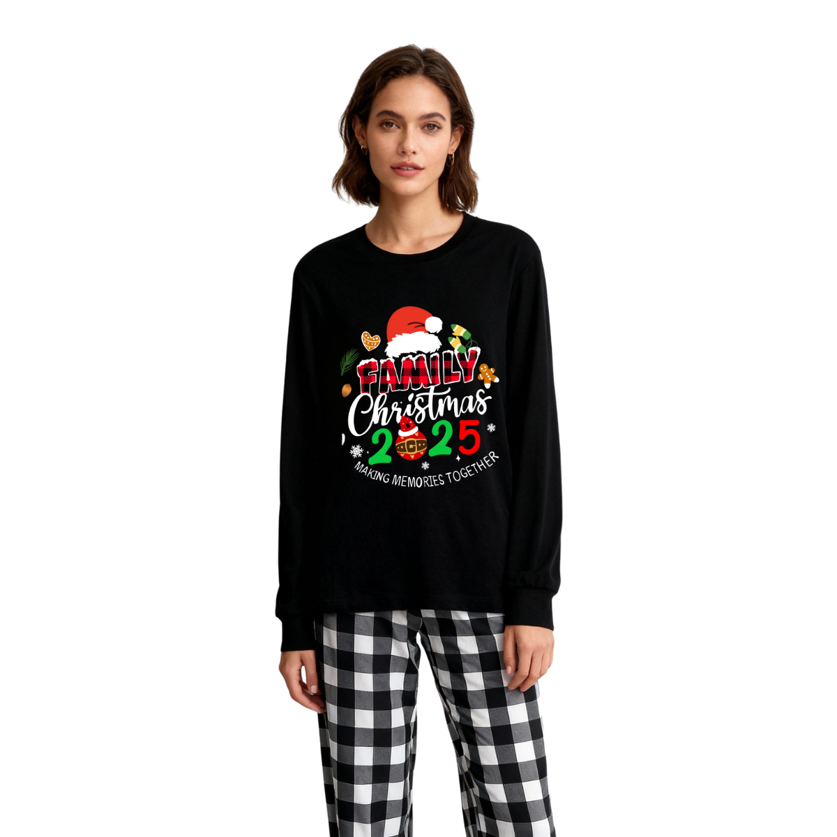 Chic und Stil | Christmas Family 2025 Create memories together Long sleeve black text print T-shirt with black and white checkered pants Matching family pajamas