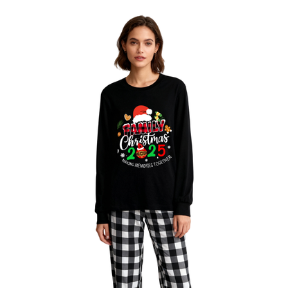 Chic und Stil | Christmas Family 2025 Create memories together Long sleeve black text print T-shirt with black and white checkered pants Matching family pajamas