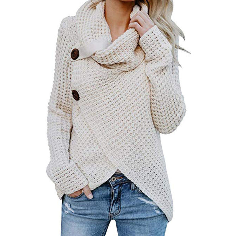 Ladies soft knit pullover with high collar and decorative buttons Chic and Style