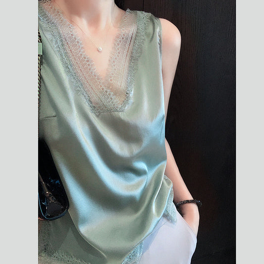 Camisole en satin élégant à bordures en dentelle pour femmes Chic und Stil