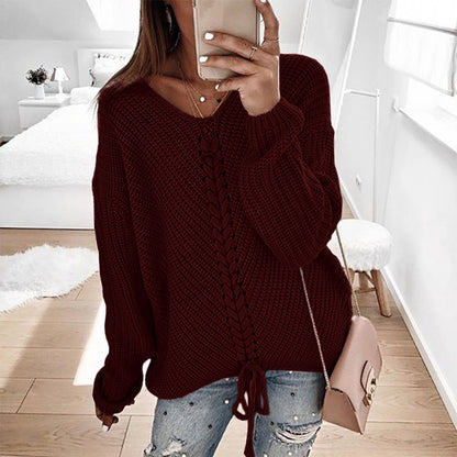 Dames Grand pull en maille avec décolleté en V profond et détail de cordon décoratif Chic und Stil