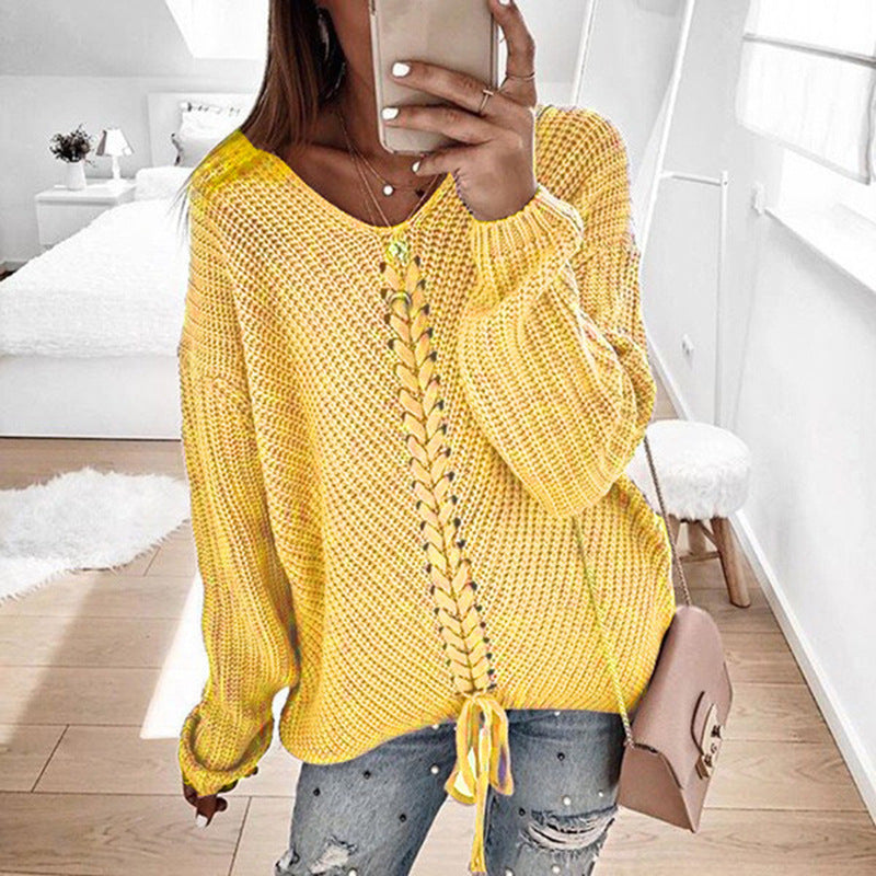 Dames Grand pull en maille avec décolleté en V profond et détail de cordon décoratif Chic und Stil