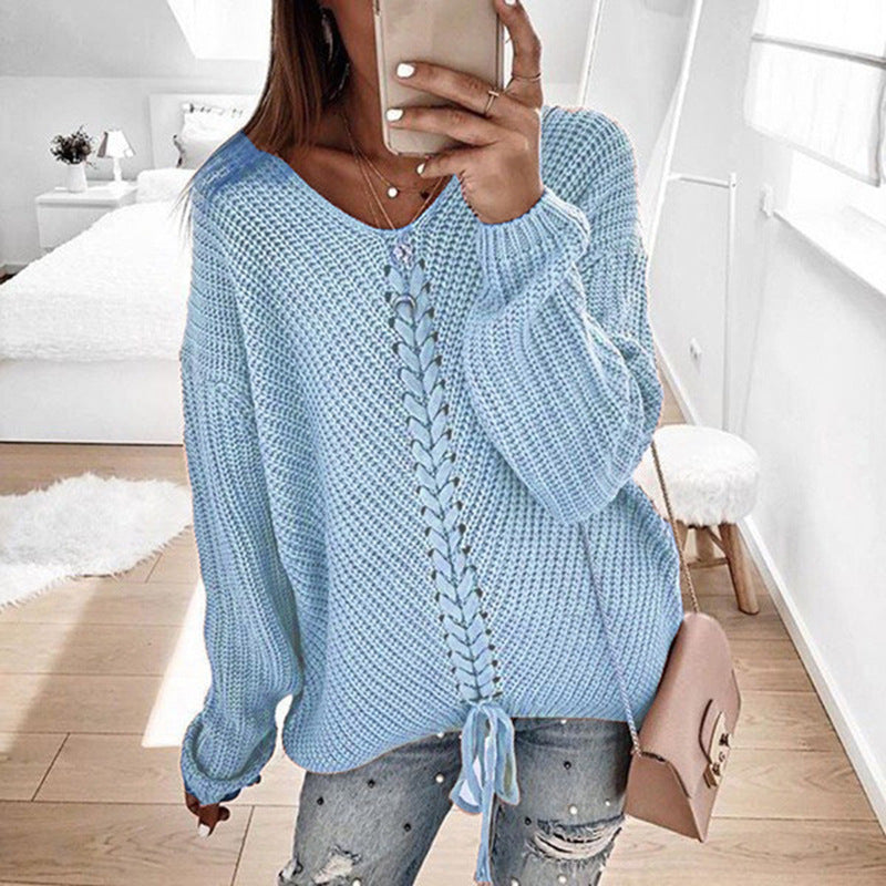 Dames Grand pull en maille avec décolleté en V profond et détail de cordon décoratif Chic und Stil
