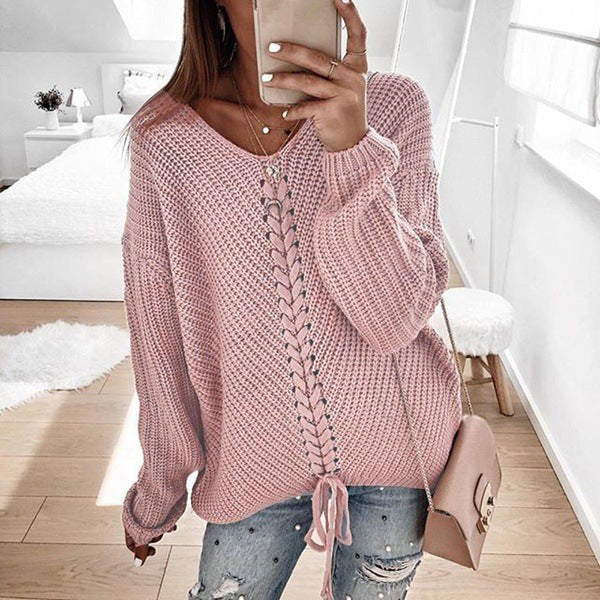 Dames Grand pull en maille avec décolleté en V profond et détail de cordon décoratif Chic und Stil