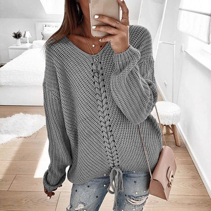 Dames Grand pull en maille avec décolleté en V profond et détail de cordon décoratif Chic und Stil