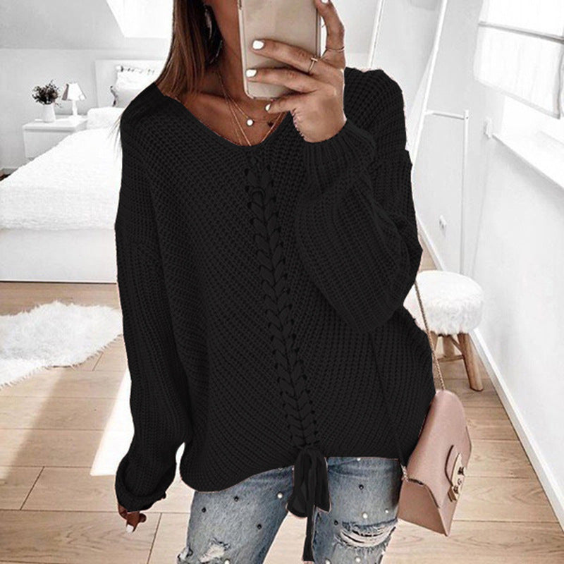 Dames Grand pull en maille avec décolleté en V profond et détail de cordon décoratif Chic und Stil