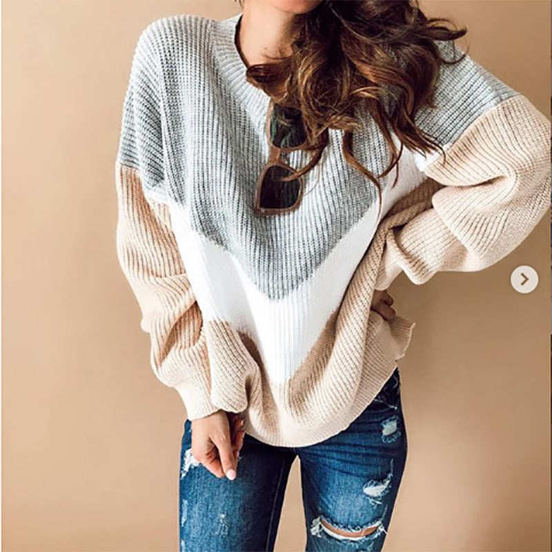 Pull en tricot gros pour femmes avec design coloré en V Chic und Stil