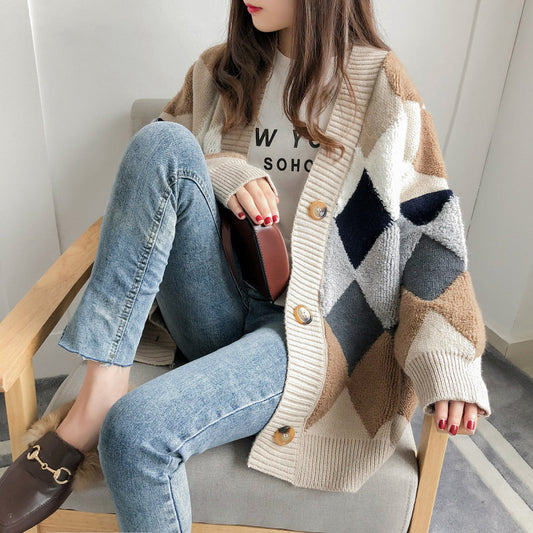 Cardigan en tricot pour femmes avec motif losange moderne Chic und Stil