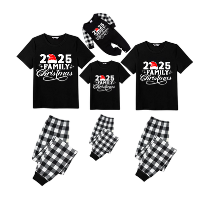 Chic und Stil | 2025 Family Christmas Pajama Set - Black Top Black and White Tartan Pants White Text Graphic