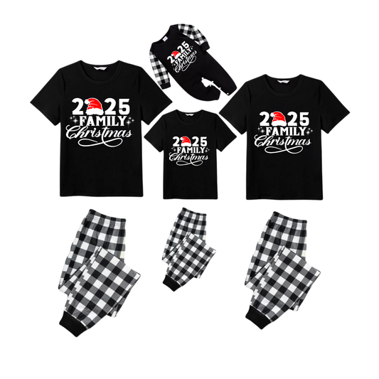 Chic und Stil | 2025 Family Christmas Pajama Set - Black Top Black and White Tartan Pants White Text Graphic