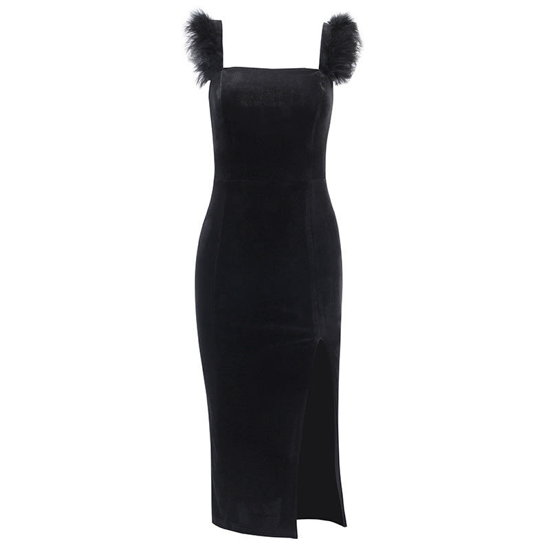 Robe de soirée en velours pour femmes avec bretelles en plumes Chic und Stil