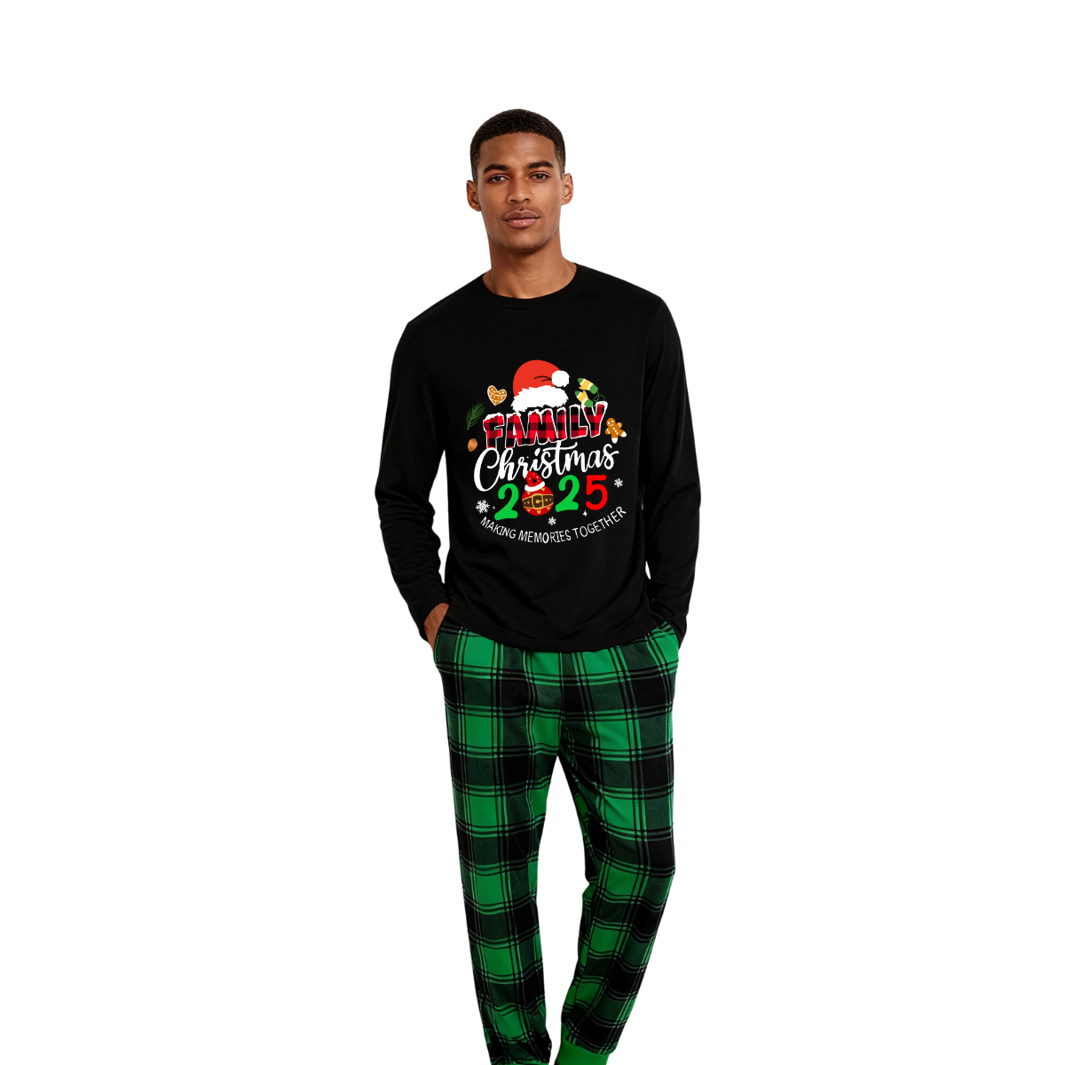 Chic und Stil | "Shared Memories Christmas 2025" Print Black and Green Checked Pants Family Matching Pajamas