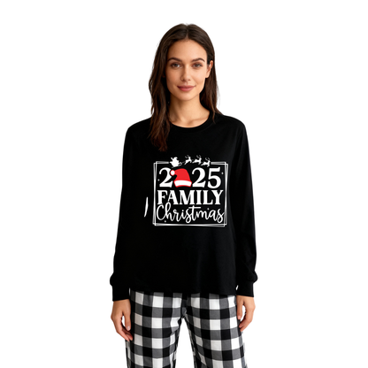 Chic und Stil | "2025 FAMILY CHRISTMAS" text and sled pattern - Black long sleeve top with black and white checkered pants family matching pajamas