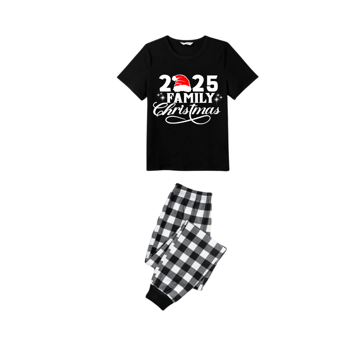 Chic und Stil | 2025 Family Christmas Pajama Set - Black Top Black and White Tartan Pants White Text Graphic
