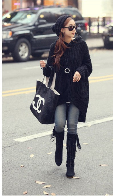 Dames Grofgebreide Poncho met Kapuze en Zijdelingse Fransen Chic und Stil