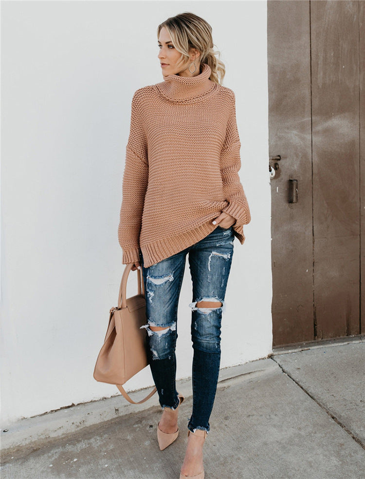 Pull-over en grosse maille pour femmes avec col haut et silhouette décontractée Chic und Stil