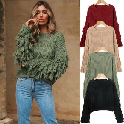 Pull femme en tricot épais avec des manches frangées et une coupe décontractée Chic und Stil