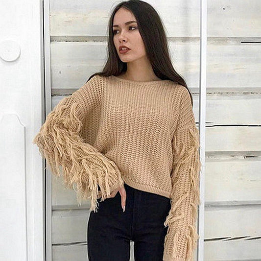 Pull femme en tricot épais avec des manches frangées et une coupe décontractée Chic und Stil