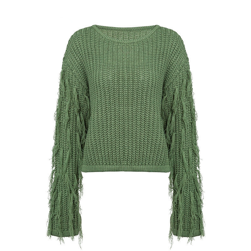 Pull femme en tricot épais avec des manches frangées et une coupe décontractée Chic und Stil