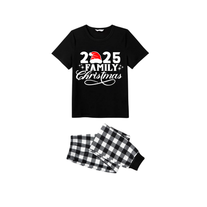 Chic und Stil | 2025 Family Christmas Pajama Set - Black Top Black and White Tartan Pants White Text Graphic