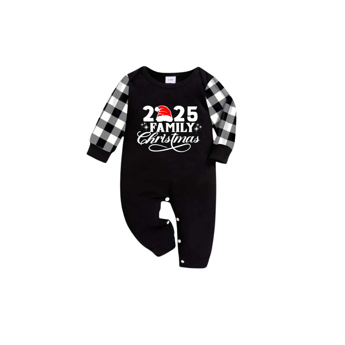 Chic und Stil | 2025 Family Christmas Pajama Set - Black Top Black and White Tartan Pants White Text Graphic