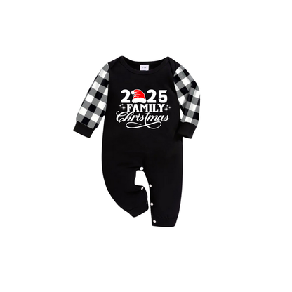 Chic und Stil | 2025 Family Christmas Pajama Set - Black Top Black and White Tartan Pants White Text Graphic