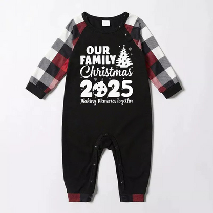 Chic und Stil | Christmas Cute Cartoon Santa Hat Pattern and '2025 FAMILY Christmas' Letter Print Contrast Tops and Red & Black & White Checked Pants Family Matching Pajamas Set with Dog Bandana