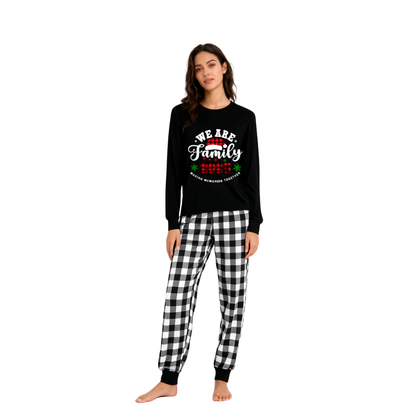 Chic und Stil | "We are Family2025" Santa Hat Monogram Print Black Long Sleeve Shirt with Black and White Checkered Pants Family Matching Pajamas